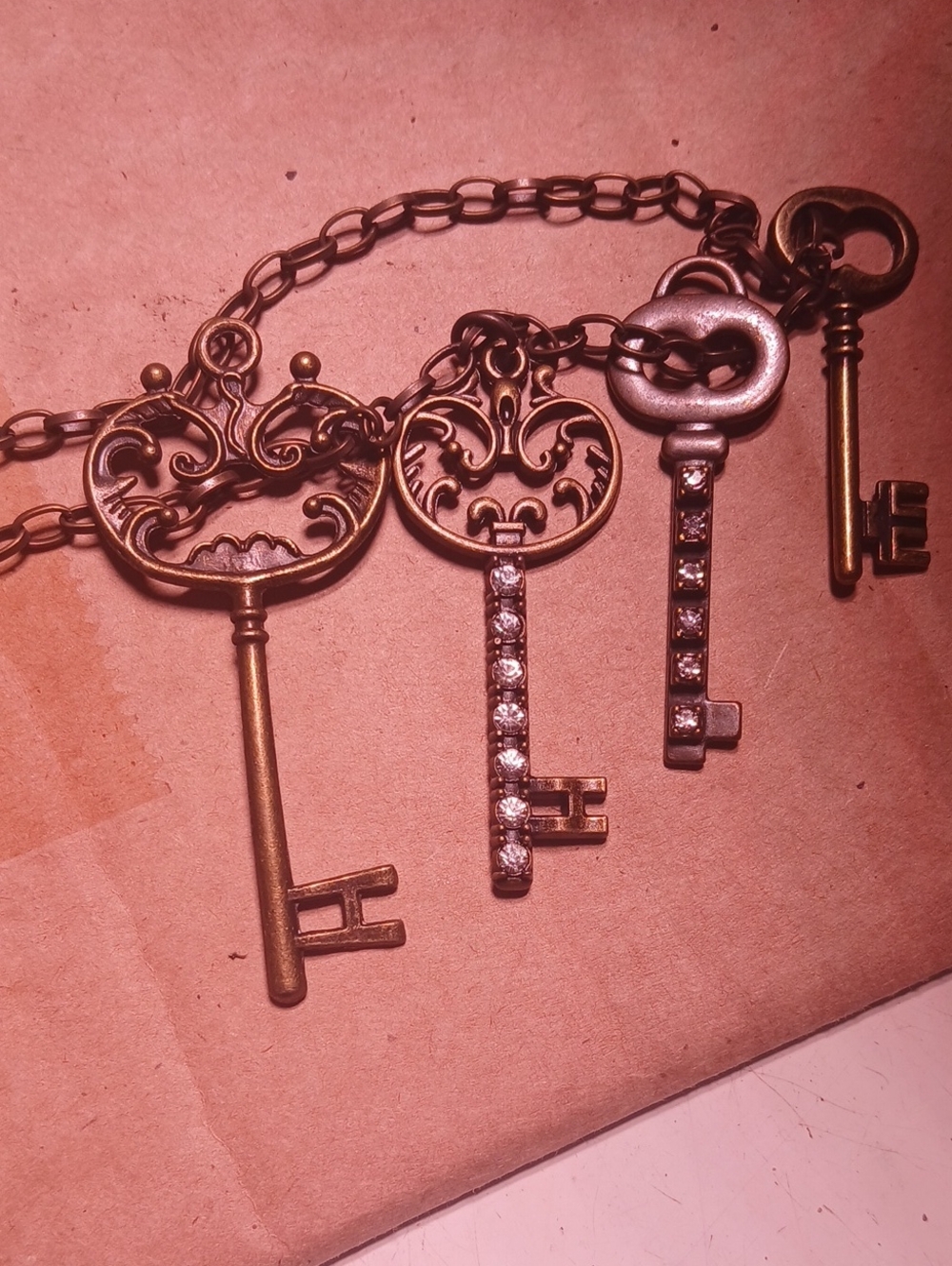 Vintage-Inspired Key Pendant Necklace with Rhinestone Accents - Bronze Tone